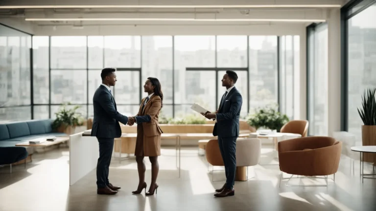 two professionals shaking hands in a bright, modern office, sealing a partnership.