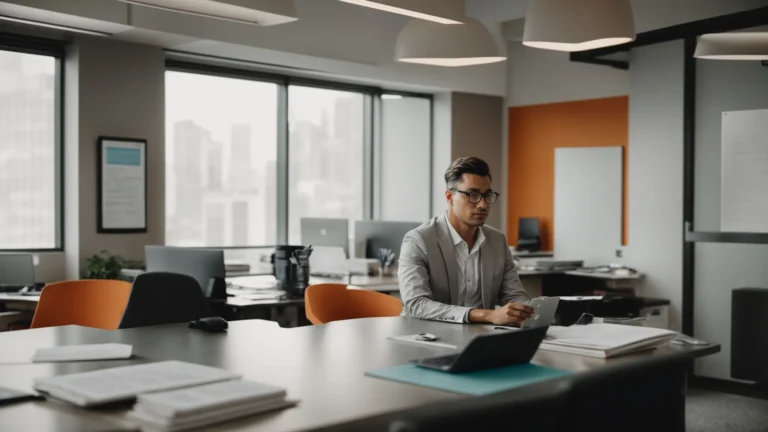 a concerned individual sits across from a tax professional in a bright, welcoming office, both focusing on documents and a laptop screen discussing solutions.