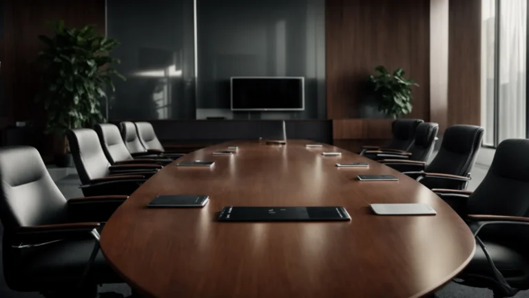 a sleek conference phone sits in the center of a modern boardroom table with office chairs around it.