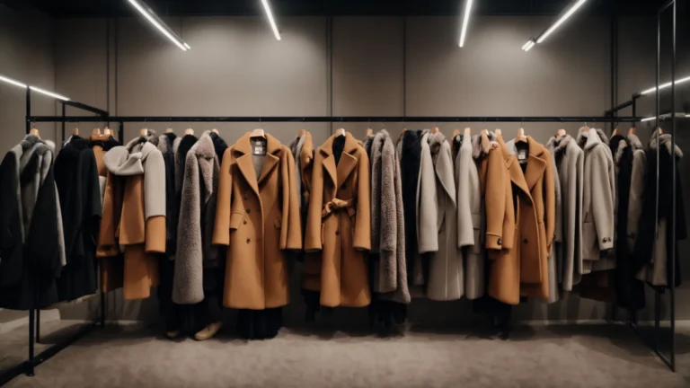 rows of elegant women's coats in various styles and colors hang in a boutique, ready for the winter season.