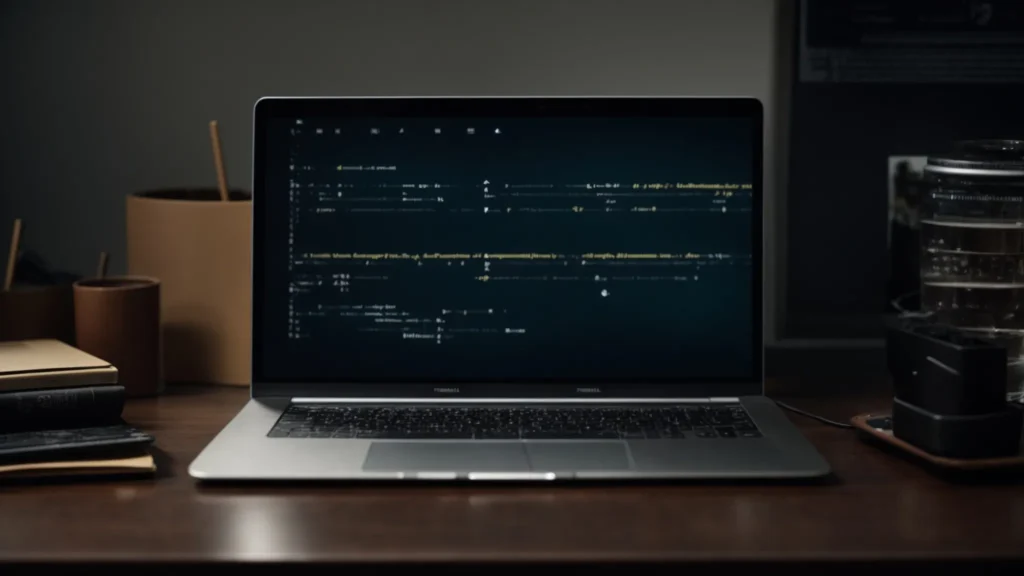 a laptop open on a desk displaying coding software, with a symbol of interconnected people on the screen, representing social network integration.