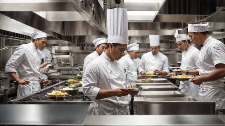 a chef teaches a group of attentive students in a professional kitchen filled with stainless steel appliances and cooking stations.