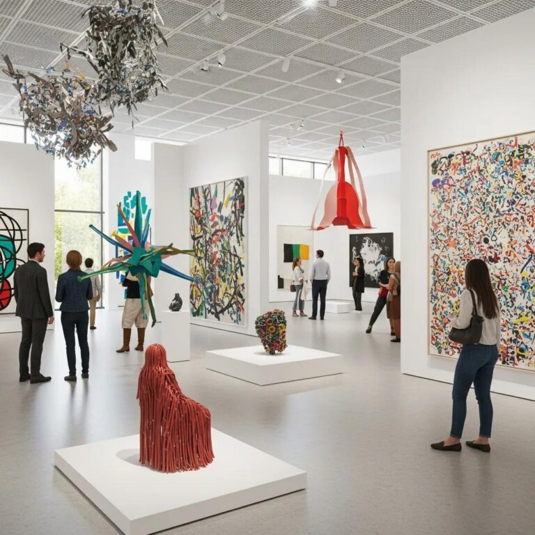 Contemporary art gallery with diverse modern art pieces and visitors admiring the artwork
