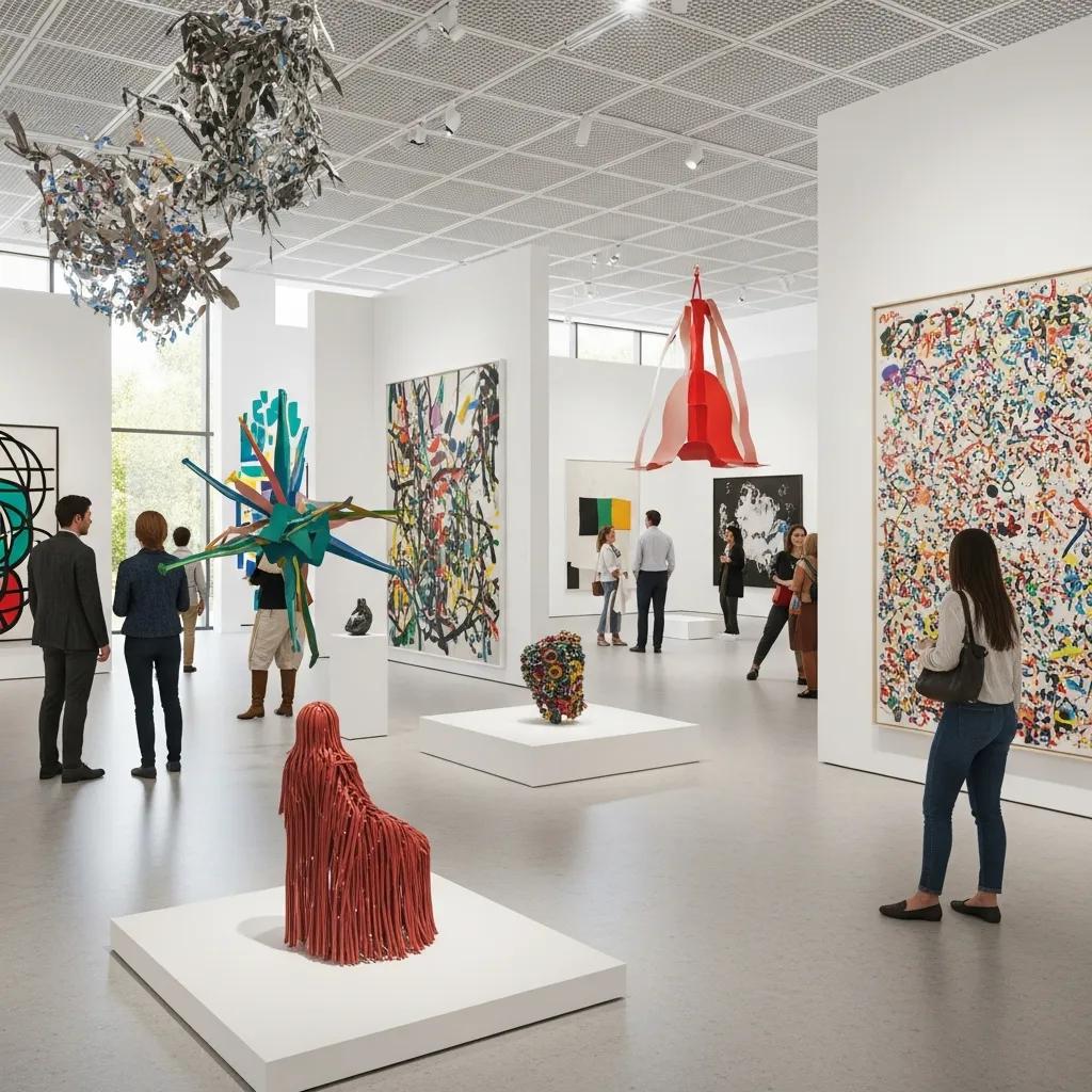 Contemporary art gallery with diverse modern art pieces and visitors admiring the artwork
