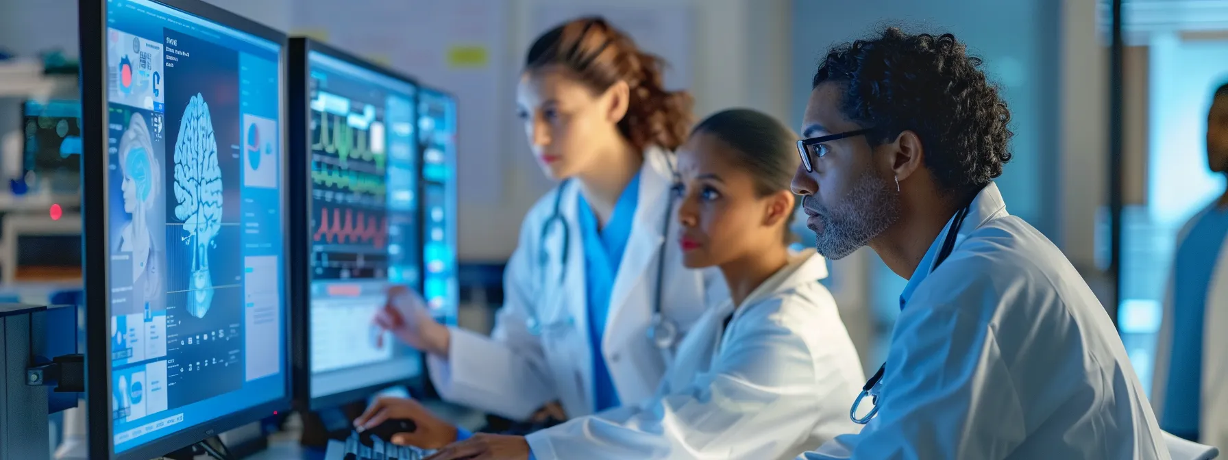 a group of healthcare professionals working together at a computer station with an ai medical scribe program open on the screen, showcasing the streamlined process of real-time medical documentation.