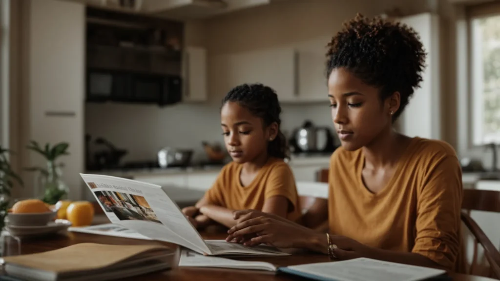 a focused parent sits at a kitchen table, browsing on a laptop with a stack of informative brochures and notebooks spread out, while their child reads a book in the background.