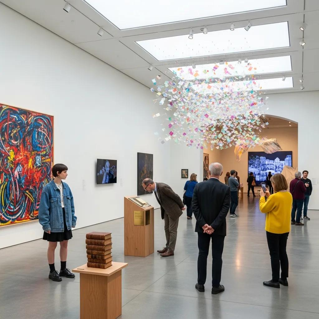 Diverse contemporary art collection in a modern gallery setting