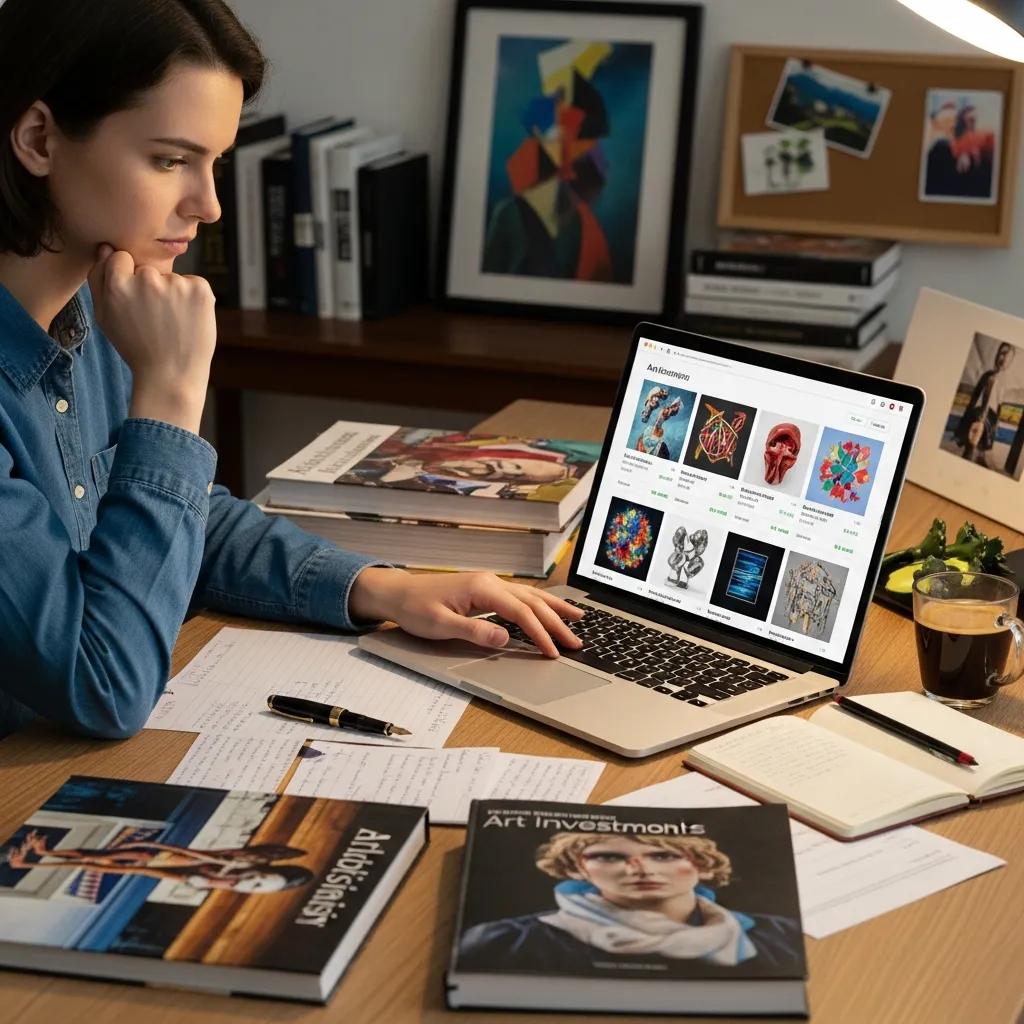 Individual analyzing contemporary art investment options on a laptop