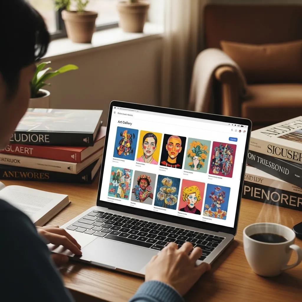 Person browsing an online art gallery on a laptop with contemporary artworks